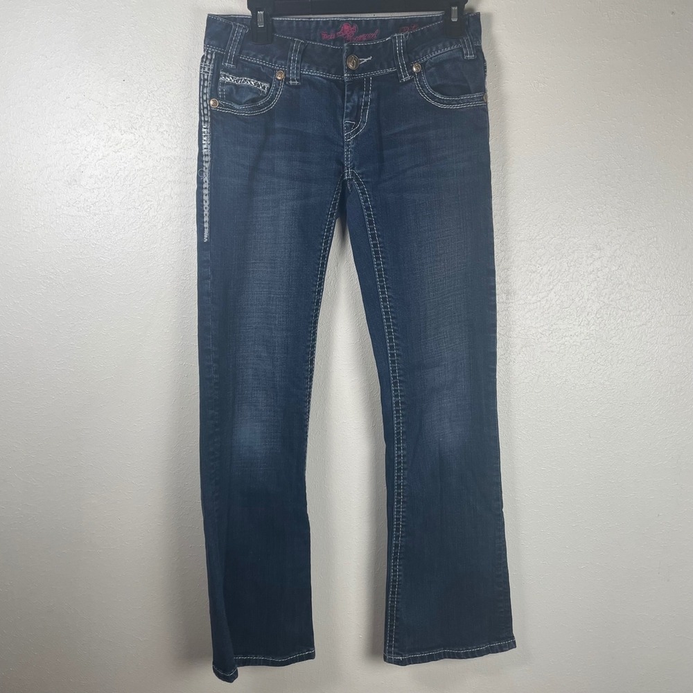 Rock and Roll Cowgirl Womens Low Rise Bootcut Jeans Rhinestone Dark Wash 27x32